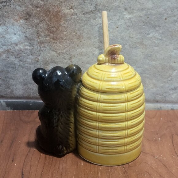 Vintage Beehive Bear Honey Pot With Lid Honey Wood Dipper Jar Server - Picture 2 of 13